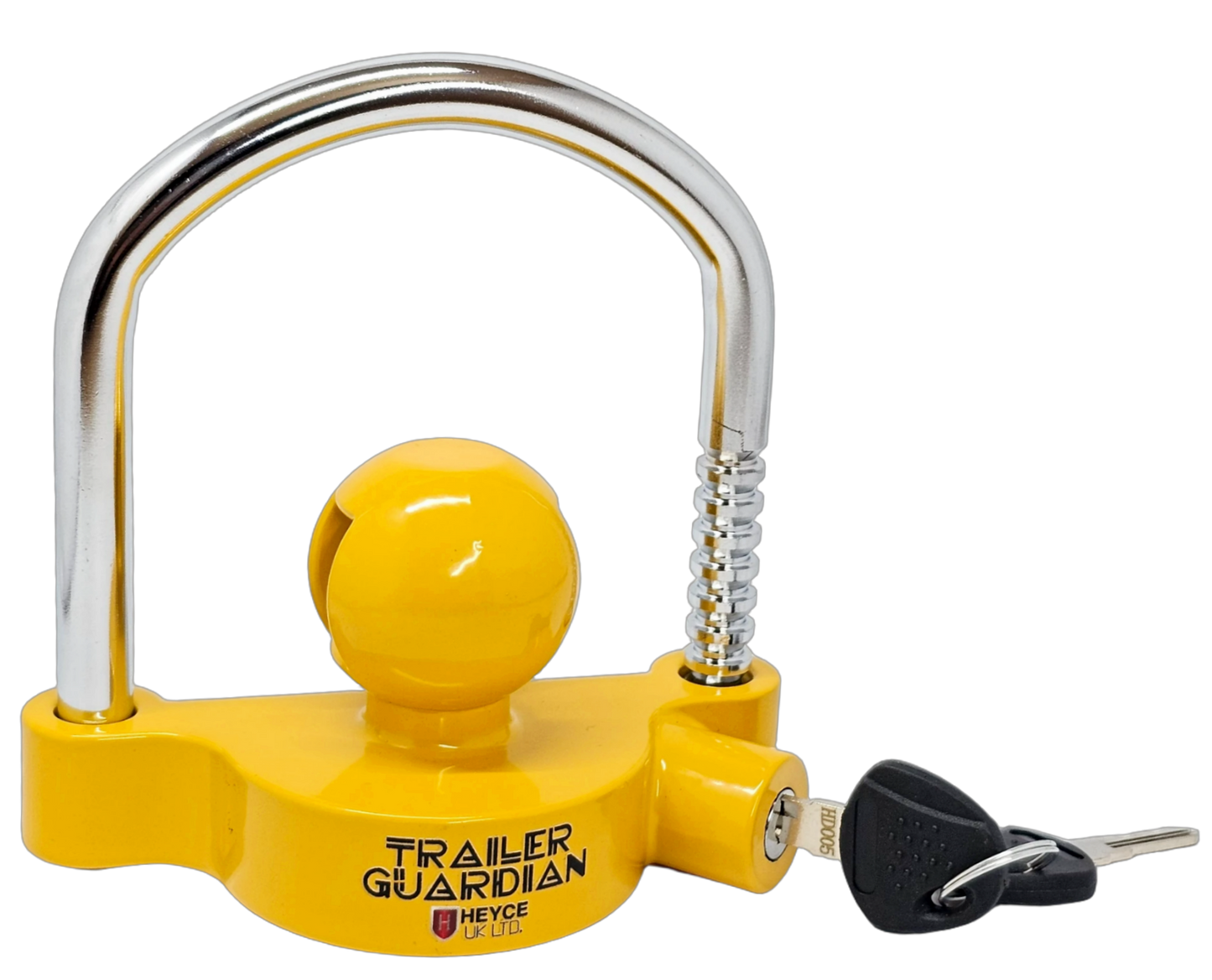 Trailer Guardian Universal Hitch Lock fits 50mm couplings, with an adjustable yellow ball lock.