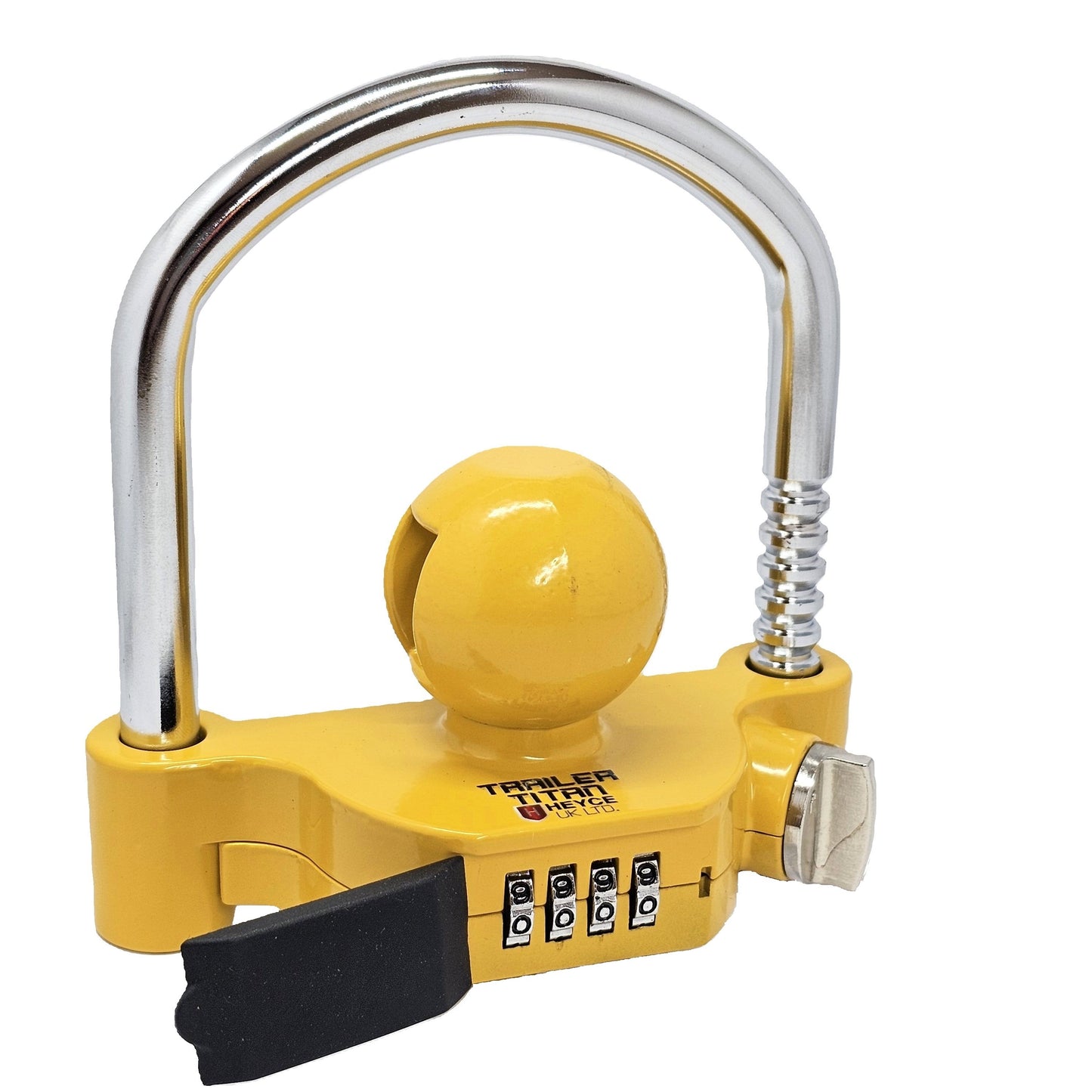 Trailer Titan Combination Hitch Lock fits 50mm couplings, with a yellow color for theft deterrence