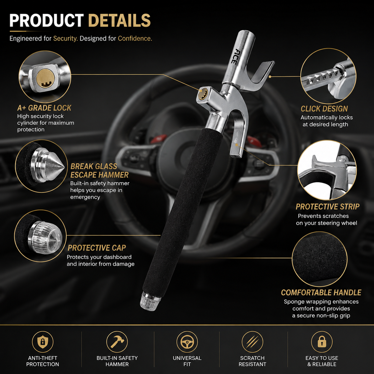 ACE Steering Wheel Lock Car Anti Theft Heavy Duty Adjustable Dual hook Security