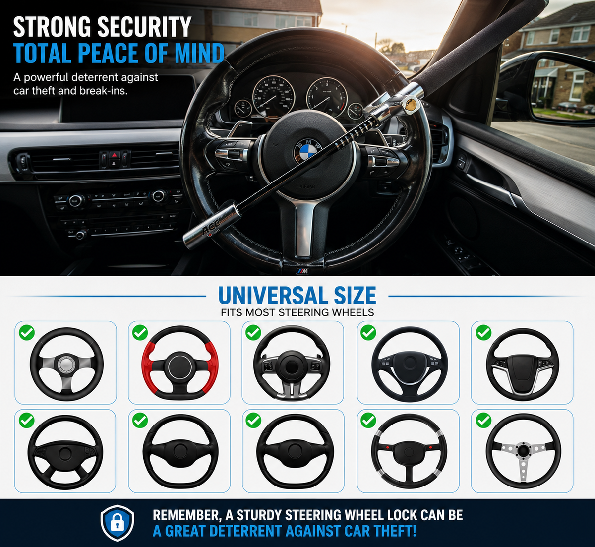 ACE Steering Wheel Lock Car Anti Theft Heavy Duty Adjustable Dual hook Security