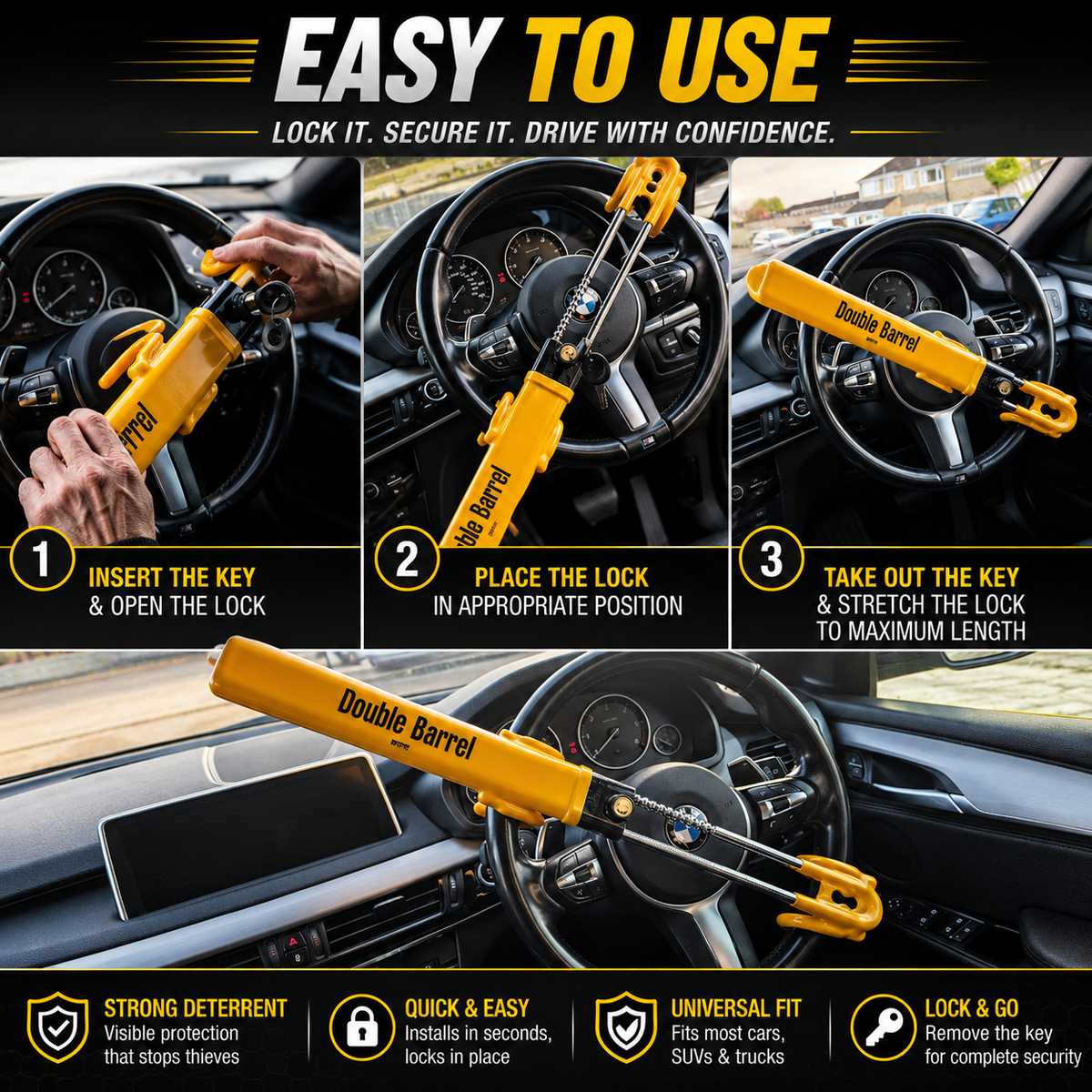 HEYCE Double Barrel Twin Bar Steering Wheel Lock – Heavy-Duty Anti-Theft Car Security