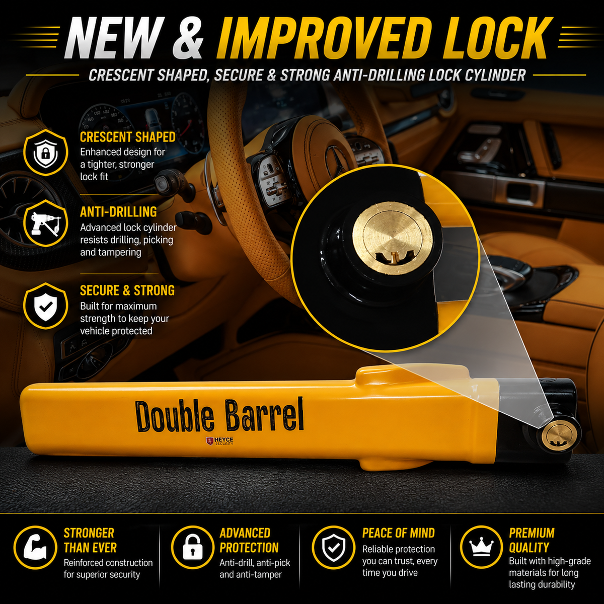 HEYCE Double Barrel Twin Bar Steering Wheel Lock – Heavy-Duty Anti-Theft Car Security