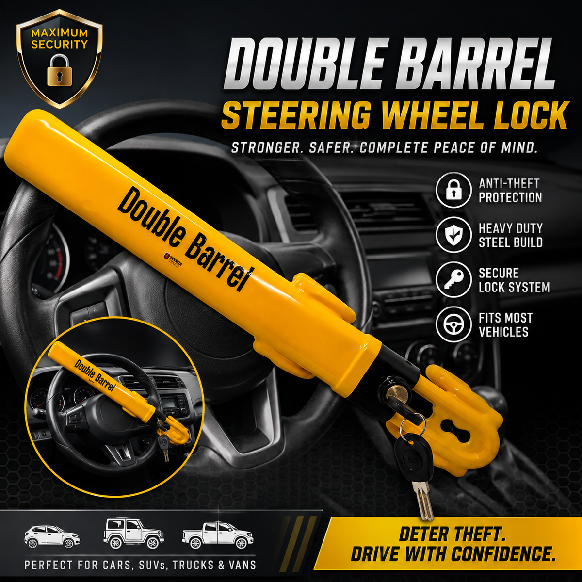 HEYCE Double Barrel Twin Bar Steering Wheel Lock – Heavy-Duty Anti-Theft Car Security