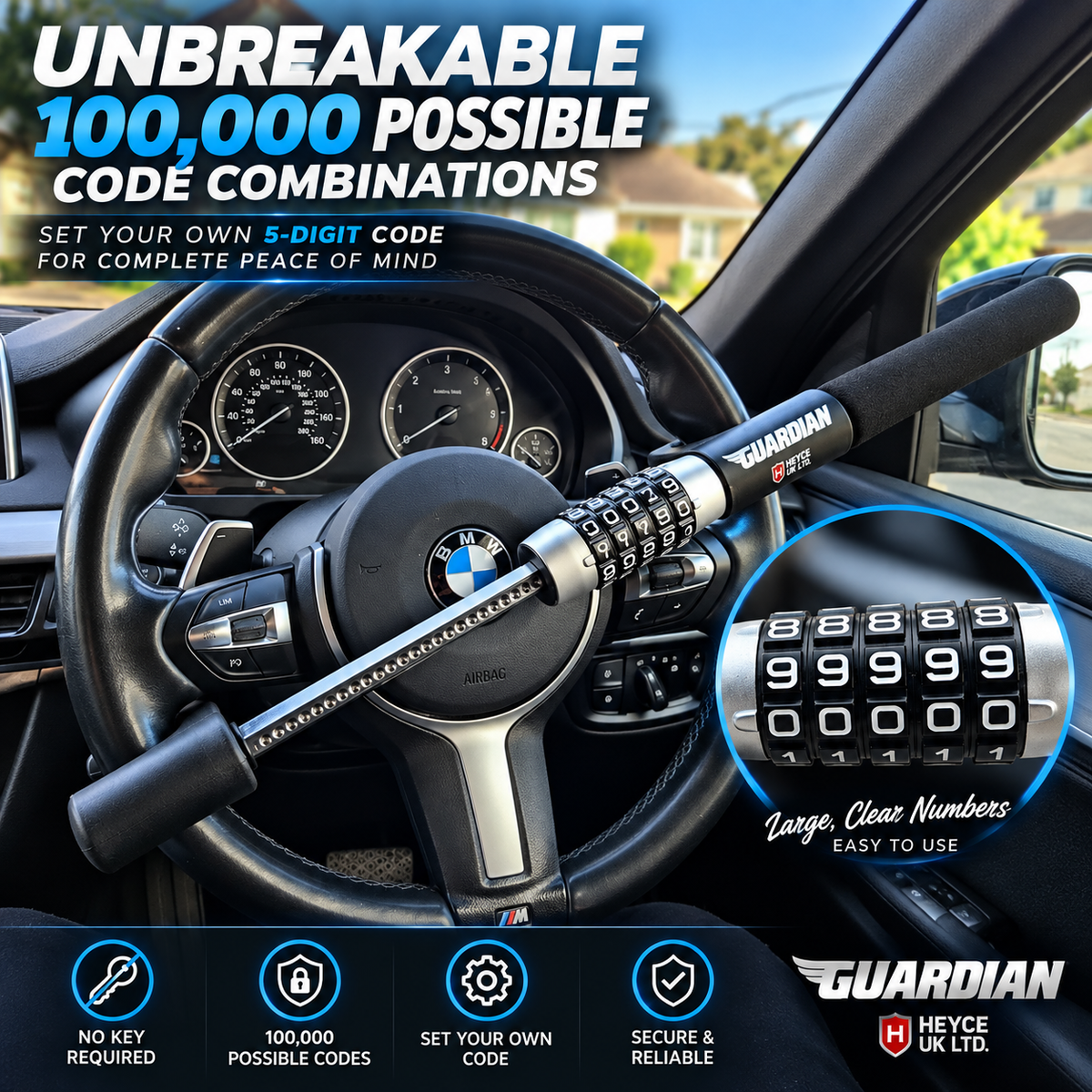 Guardian Steering Wheel Lock 5-Digit Keyless Combination Heavy Duty Car Van Anti-Theft