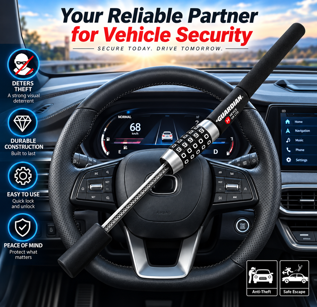 Guardian Steering Wheel Lock 5-Digit Keyless Combination Heavy Duty Car Van Anti-Theft