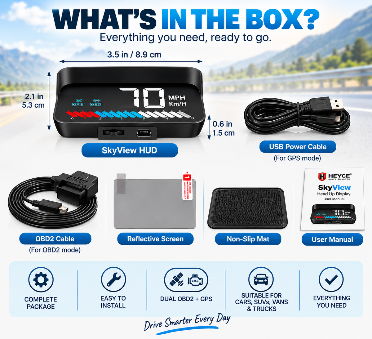 HEYCE SkyView Car HUD Head Up Display OBD2 GPS 3.5" MPH Speedometer RPM Alarm