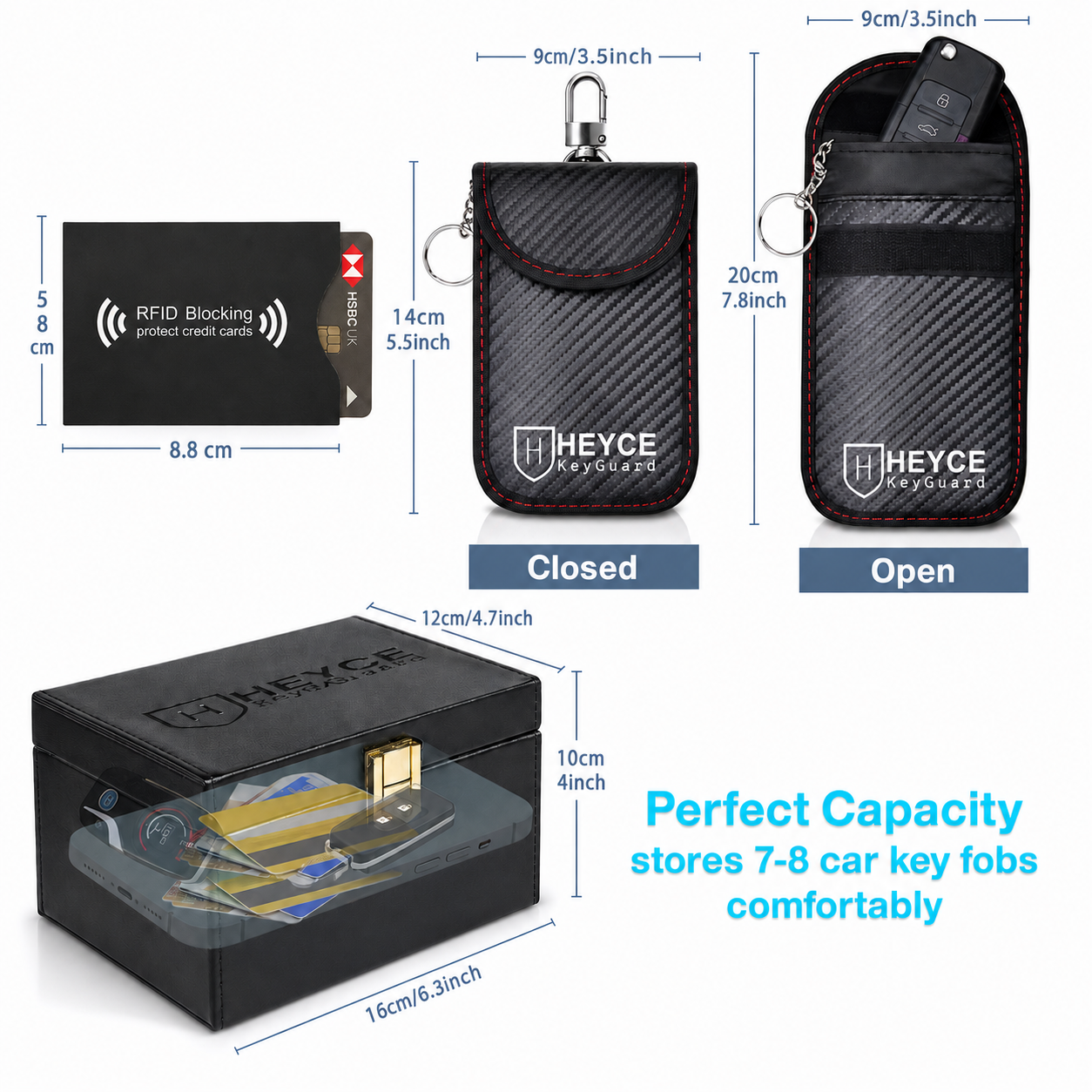 HEYCE Faraday Box & Pouch Set, 5-Piece Car Key Signal Blocker for Keyless Entry, RFID Car Key Safe with 2 Faraday Pouches & 2 Credit Card Protectors, Anti-Theft, Black Color, 16 x 12 x 10 cm