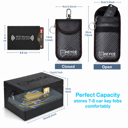 HEYCE Faraday Box & Pouch Set, 5-Piece Car Key Signal Blocker for Keyless Entry, RFID Car Key Safe with 2 Faraday Pouches & 2 Credit Card Protectors, Anti-Theft, Black Color, 16 x 12 x 10 cm