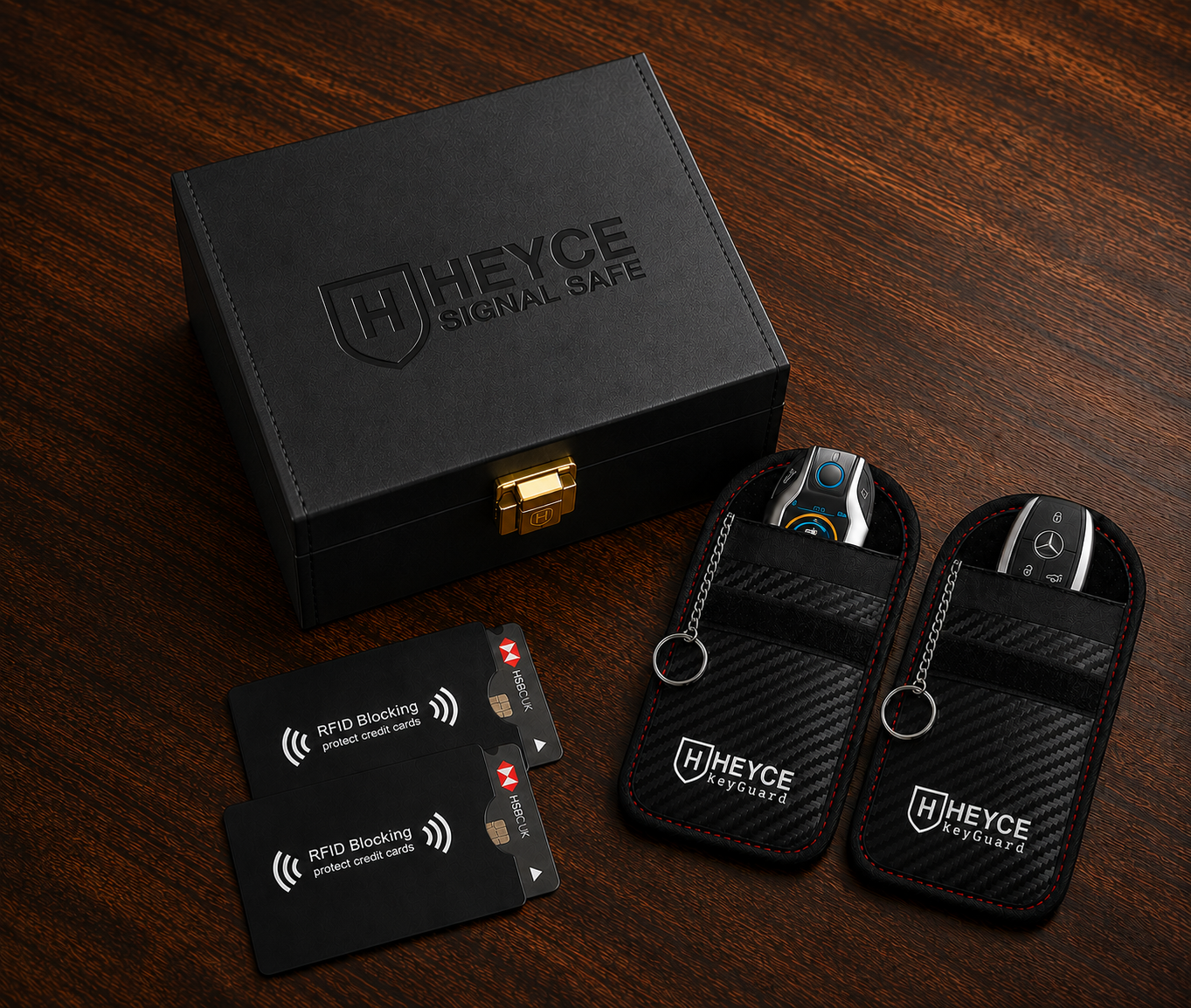 HEYCE Faraday Box & Pouch Set, 5-Piece Car Key Signal Blocker for Keyless Entry, RFID Car Key Safe with 2 Faraday Pouches & 2 Credit Card Protectors, Anti-Theft, Black Color, 16 x 12 x 10 cm
