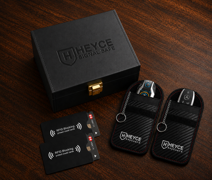 HEYCE Faraday Box & Pouch Set, 5-Piece Car Key Signal Blocker for Keyless Entry, RFID Car Key Safe with 2 Faraday Pouches & 2 Credit Card Protectors, Anti-Theft, Black Color, 16 x 12 x 10 cm