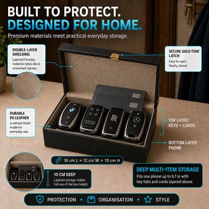 HEYCE Faraday Box & Pouch Set, 5-Piece Car Key Signal Blocker for Keyless Entry, RFID Car Key Safe with 2 Faraday Pouches & 2 Credit Card Protectors, Anti-Theft, Black Color, 16 x 12 x 10 cm
