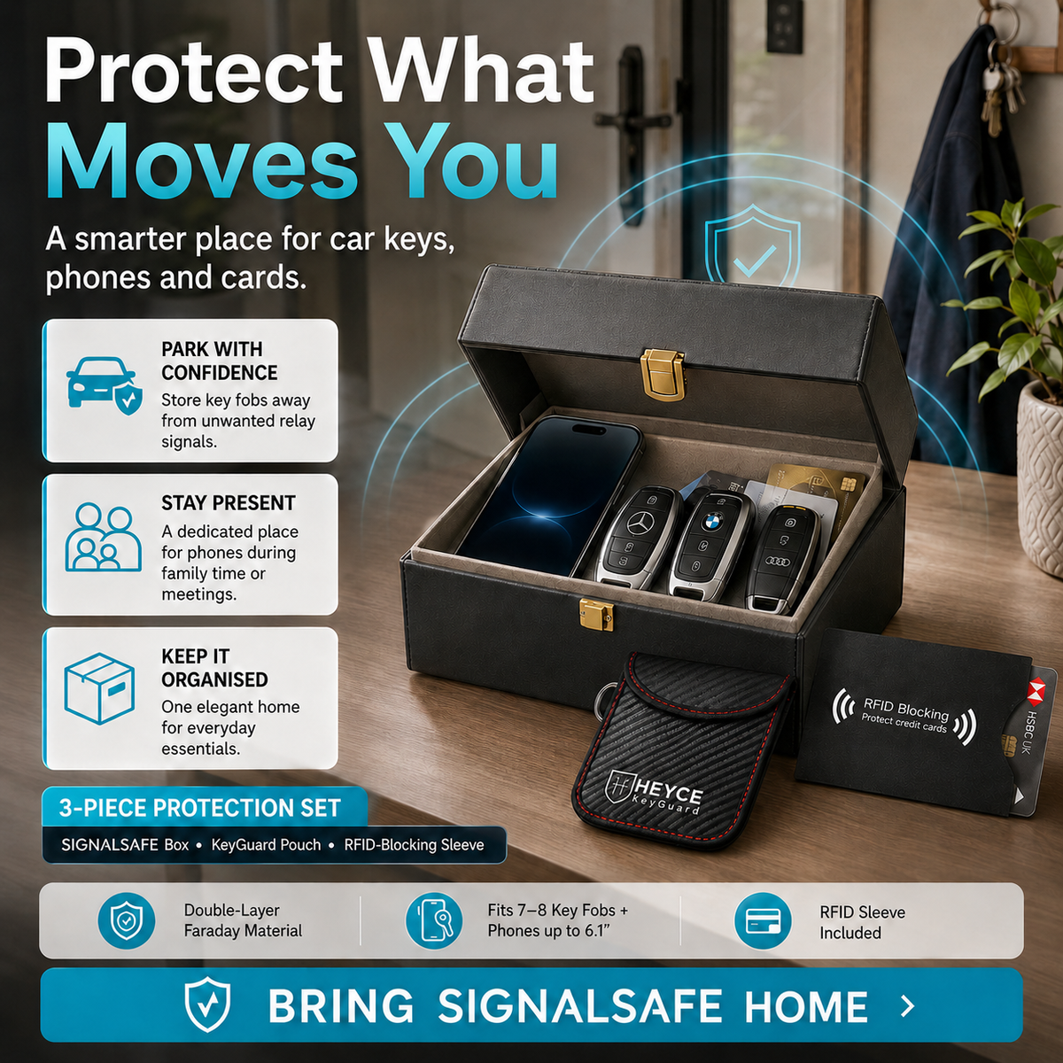 SignalSafe Signal blocking Faraday Box and Pouch in a Pack, Keyless Entry Car Key Safe Protector