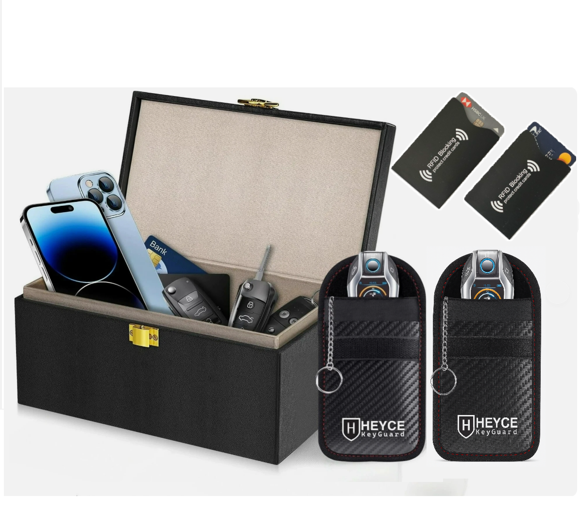 HEYCE Faraday Box & Pouch Set, 5-Piece Car Key Signal Blocker for Keyless Entry, RFID Car Key Safe with 2 Faraday Pouches & 2 Credit Card Protectors, Anti-Theft, Black Color, 16 x 12 x 10 cm