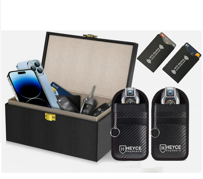 HEYCE Faraday Box & Pouch Set, 5-Piece Car Key Signal Blocker for Keyless Entry, RFID Car Key Safe with 2 Faraday Pouches & 2 Credit Card Protectors, Anti-Theft, Black Color, 16 x 12 x 10 cm