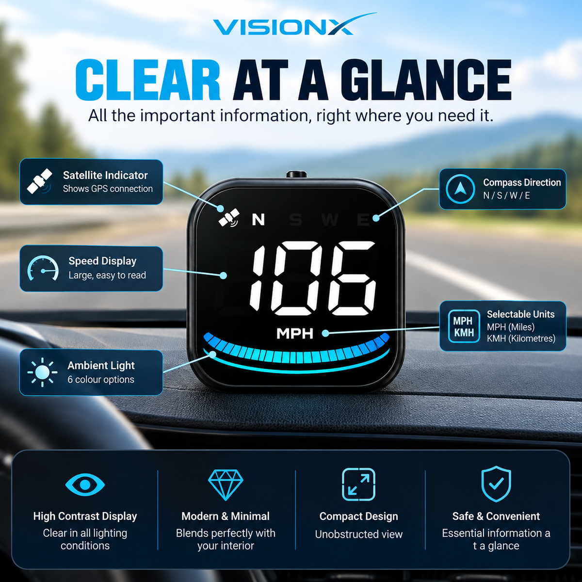 VisionX Car Head-Up Display, Smart Speedometer, MPH HUD with suction cup, overspeed fatigue alarm