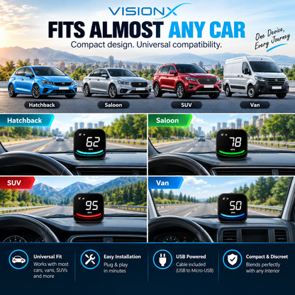 VisionX Car Head-Up Display, Smart Speedometer, MPH HUD with suction cup, overspeed fatigue alarm