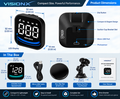 VisionX Car Head-Up Display, Smart Speedometer, MPH HUD with suction cup, overspeed fatigue alarm