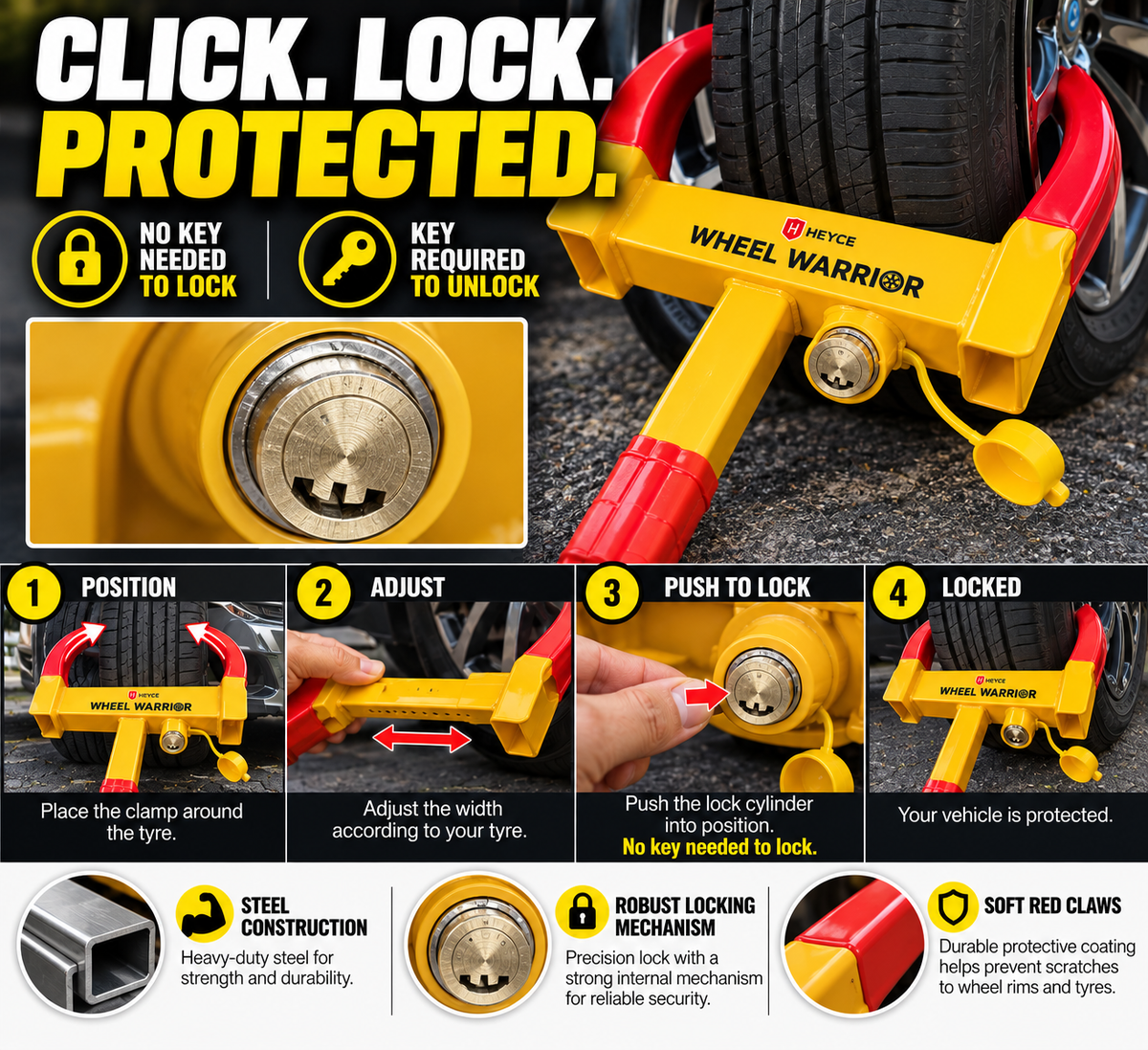 Wheel Clamp Lock Wheel Warrior - Heavy Duty Universal Anti-Theft Locking for Car