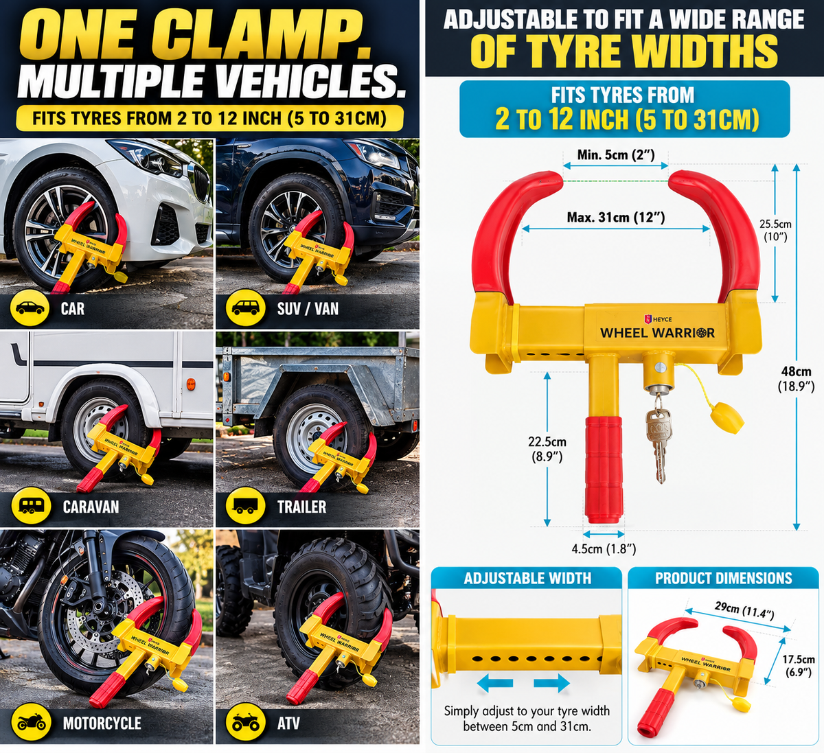 Wheel Clamp Lock Wheel Warrior - Heavy Duty Universal Anti-Theft Locking for Car