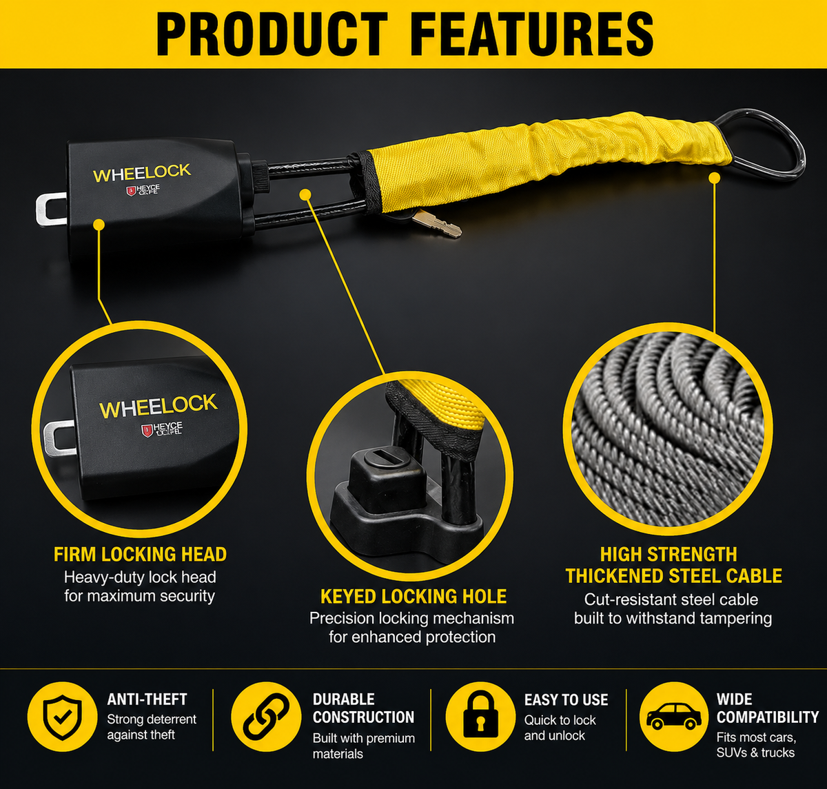 WheeLock Steering Wheel Lock for Cars – Heavy-Duty Anti-Theft Car Security Seat Belt Lock with 3 Keys, Fits Cars, SUVs & Vans