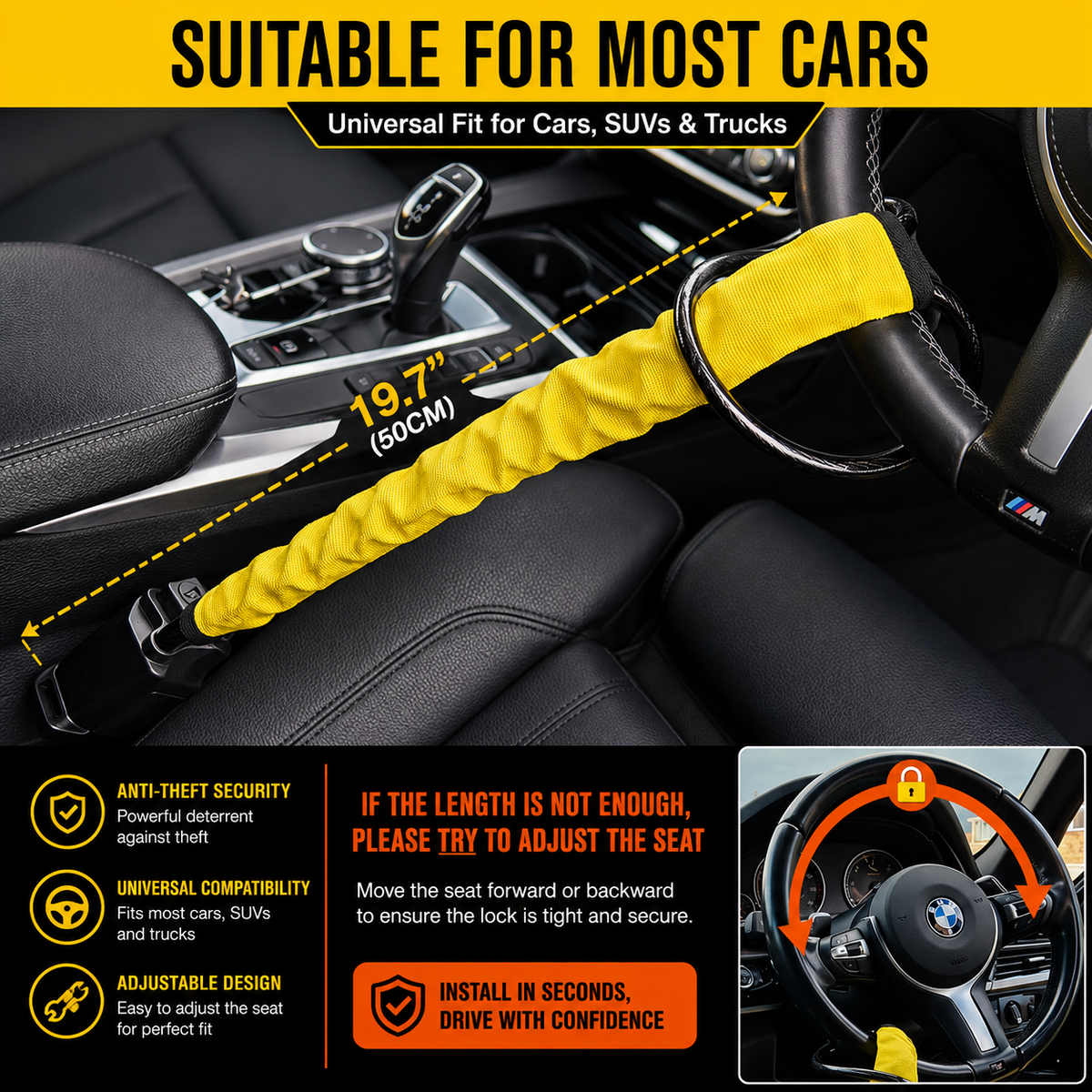 WheeLock Steering Wheel Lock for Cars – Heavy-Duty Anti-Theft Car Security Seat Belt Lock with 3 Keys, Fits Cars, SUVs & Vans
