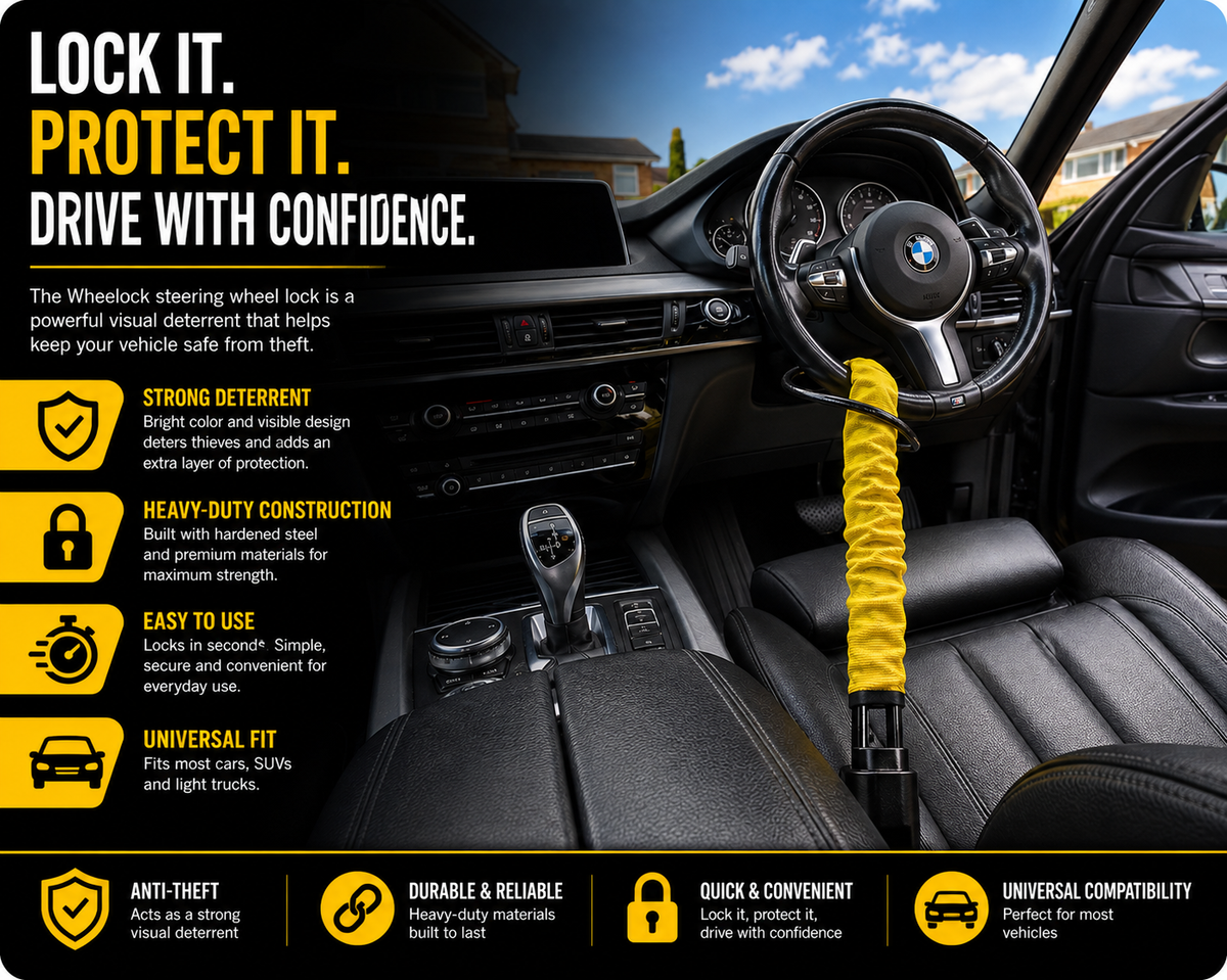 WheeLock Steering Wheel Lock for Cars – Heavy-Duty Anti-Theft Car Security Seat Belt Lock with 3 Keys, Fits Cars, SUVs & Vans