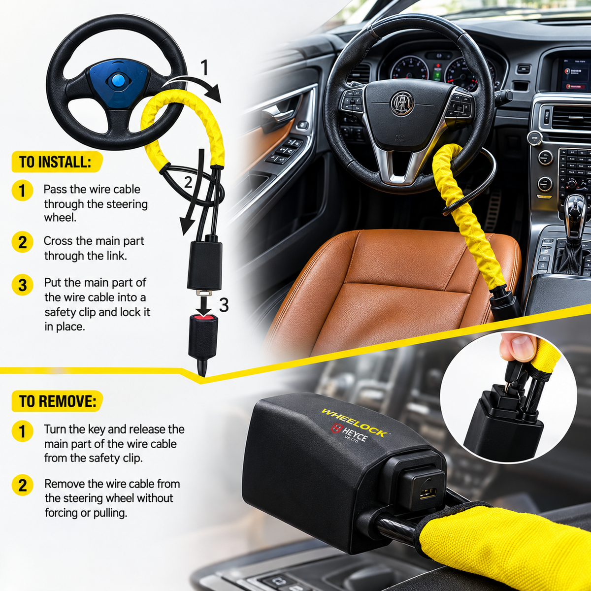 WheeLock Steering Wheel Lock for Cars – Heavy-Duty Anti-Theft Car Security Seat Belt Lock with 3 Keys, Fits Cars, SUVs & Vans