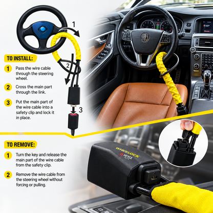 WheeLock Steering Wheel Lock for Cars – Heavy-Duty Anti-Theft Car Security Seat Belt Lock with 3 Keys, Fits Cars, SUVs & Vans
