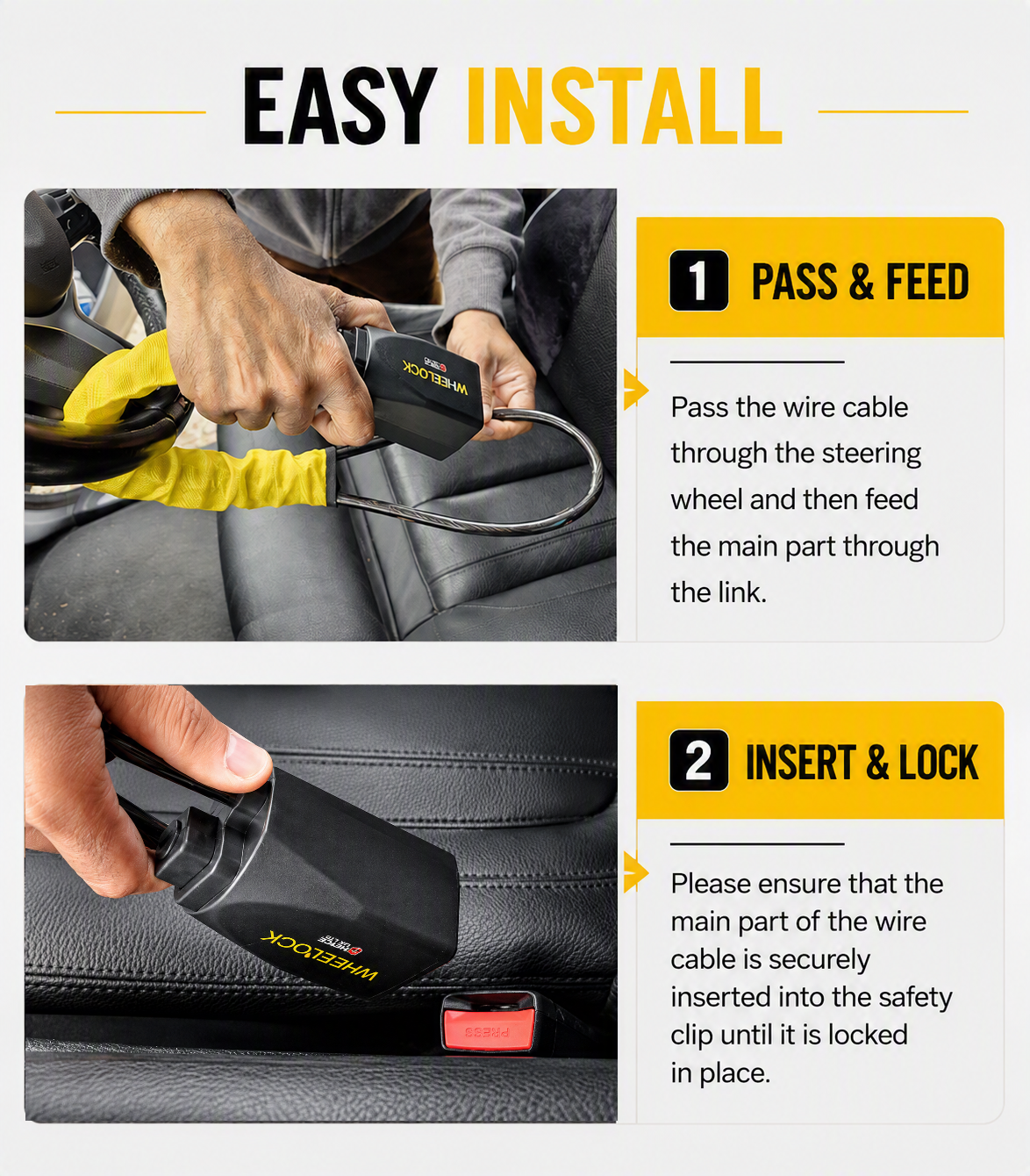 WheeLock Steering Wheel Lock for Cars – Heavy-Duty Anti-Theft Car Security Seat Belt Lock with 3 Keys, Fits Cars, SUVs & Vans