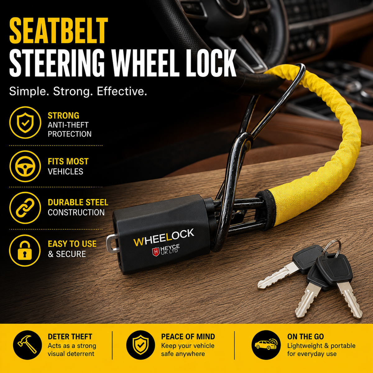 WheeLock Steering Wheel Lock for Cars – Heavy-Duty Anti-Theft Car Security Seat Belt Lock with 3 Keys, Fits Cars, SUVs & Vans