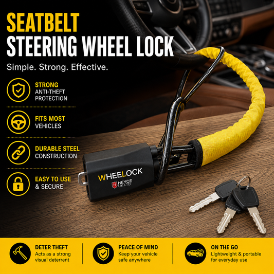 WheeLock Steering Wheel Lock for Cars – Heavy-Duty Anti-Theft Car Security Seat Belt Lock with 3 Keys, Fits Cars, SUVs & Vans